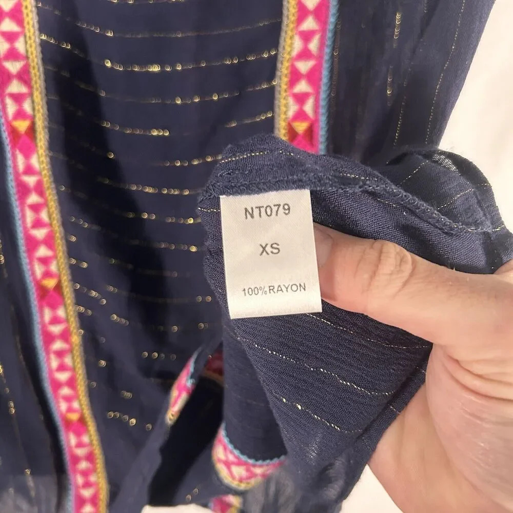 THML Top Women's XS Blue Striped Gold Vneck Lightwieght Rayon - Picture 6 of 10